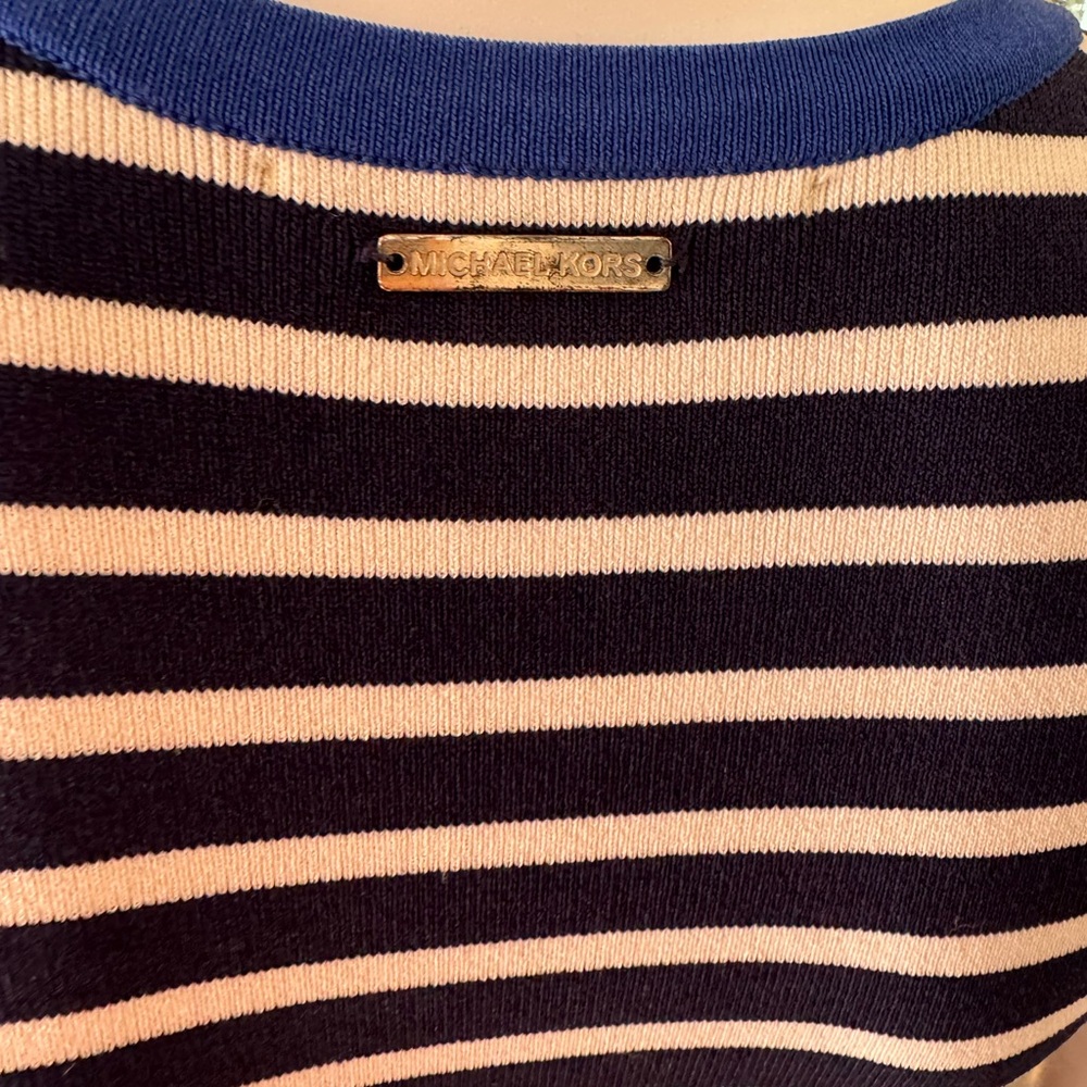Michael Kors Knit Striped Blue White Rib Knit Midi Dress Size Medium - Picture 5 of 7